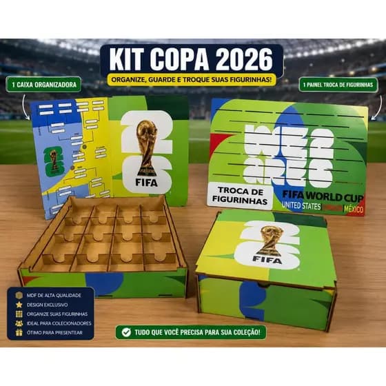 Porta Álbum Figurinhas Copa 2026 Kit Organizador Mdf