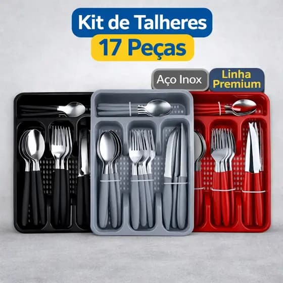 Jogo de Talheres Inox 17 Peças Porta Talheres Organizador Gaveta Linha Premium