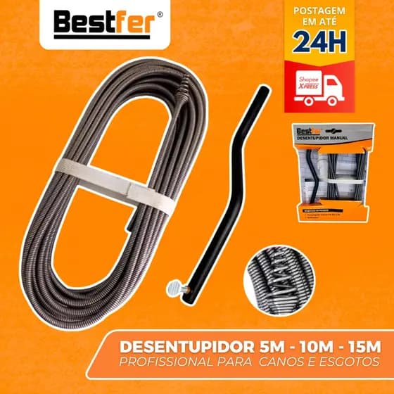 Desentupidor Manual 5m a 15m Mola de Aço Ralo Pia Banheiro Cozinha Quintal Cano Calha Bestfer