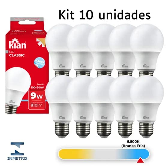 Kit 5 ou 10 Lâmpadas LED 9W E27 6500K Bivolt Branca Fria