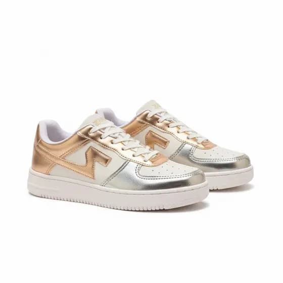 Tênis Casual Feminino Blogueira Plataforma Sapatênis Branco Metalizado Prata E Dourado Confortável