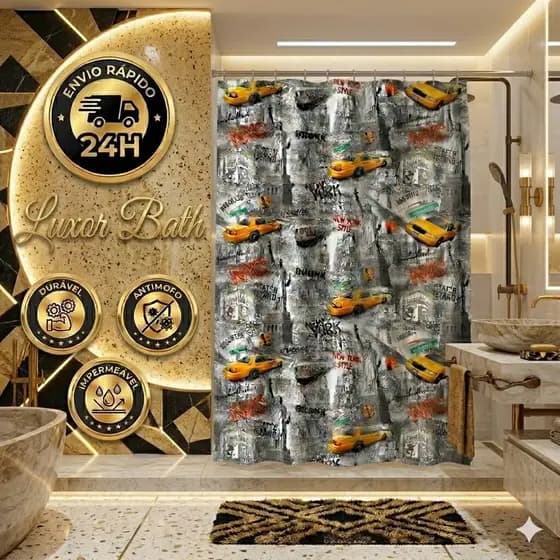 Cortina De Box Banheiro Impermeável Anti-Mofo Estampada NY Com Ganchos Grossa Reforçada Envio 24h