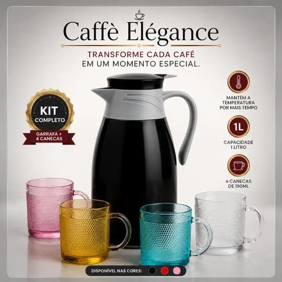 Garrafa Térmica 1L Kit Café com 4 Canecas de Vidro Mantém Quente e Gelado Rosa Vermelho Preta Elegante