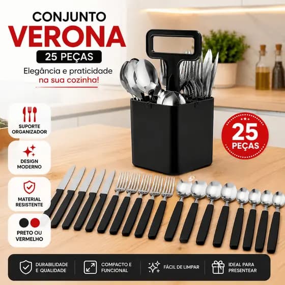 Faqueiro 25 Peças Aço Inox com Suporte Organizador Jogo de Talheres Completo Cozinha Preto Vermelho