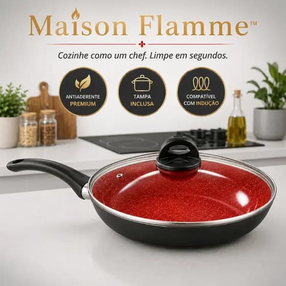 Frigideira Cerâmica Antiaderente 24cm com Tampa de Vidro Indução Cooktop Alumínio Premium Menos Óleo