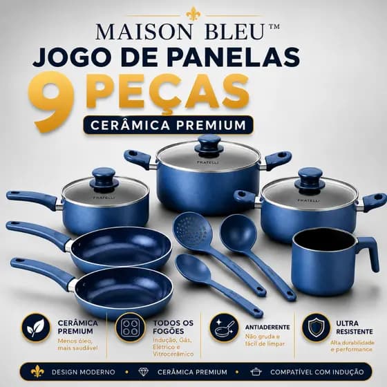 Jogo Panelas Cerâmica 9 Peças Indução Antiaderente Azul Premium Todos os Fogões