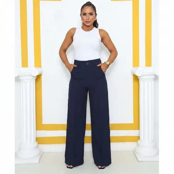 Calça Pantalona Feminina Cintura Alta Elegante Com Bolsos Moda Social Trabalho Casual Premium