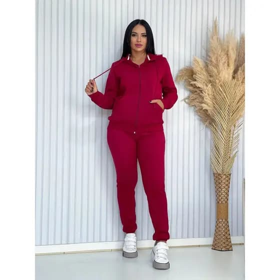 Conjunto Feminino Moletom Flanelado Com Capuz E Zíper Calça Jogger Moda Inverno Casual