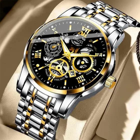 ORUSS 100% Original Luxo Oco de Aço Inoxidável Gold Fashion Business Men's Calendário luminoso à prova d' água Relógio