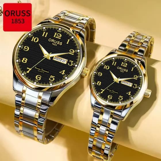 ORUSS Original 2 Pcs Casal Calendário Duplo Aço Inoxidável Luxo Luminoso À Prova D 'Água Moda Relógio Versão Coreana Rel
