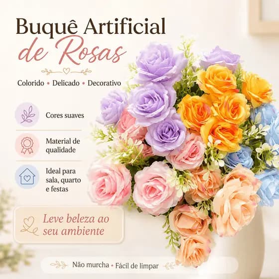 Buquê de Rosas Artificiais 31cm 7 Ramos 7 Flores para decorações de mesa, banheiro....../H0008