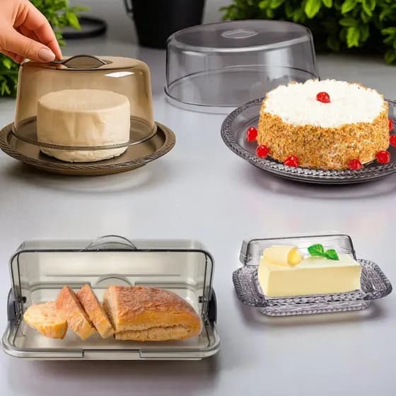 KIT Ou IND Café da Manhã Fumê - 4 Itens - Porta Pão, Boleira, Queijeira e Manteigueira Acrilico