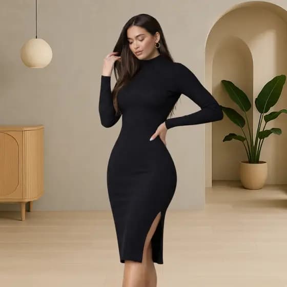 Vestido Feminino Midi Justo Manga Longa Gola Alta Fendas Laterais Estilo Elegante Festa Tendência