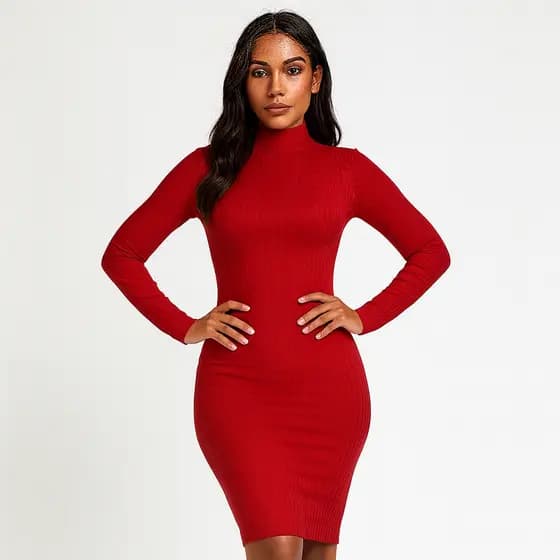 Vestido Feminino Midi Justo Manga Longa Gola Alta Moda Casual Estilo Elegante Festa Noite Tendência