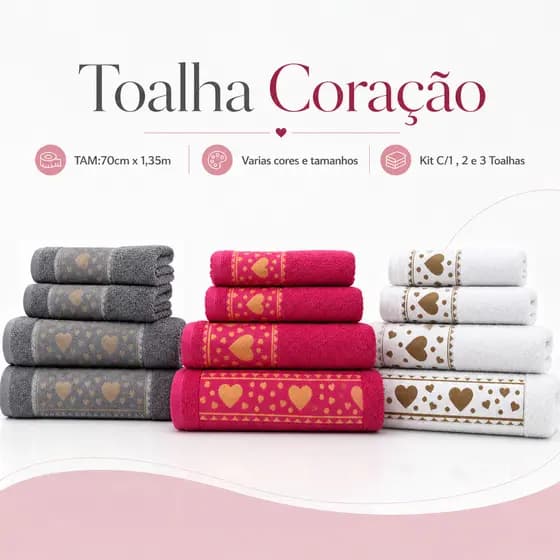Jogo Toalha de Banho Coração 1 , 2 e 3 Peças 100% Algodão Grossa Felpuda Super Macia Excelente Absorção Premier Habitat