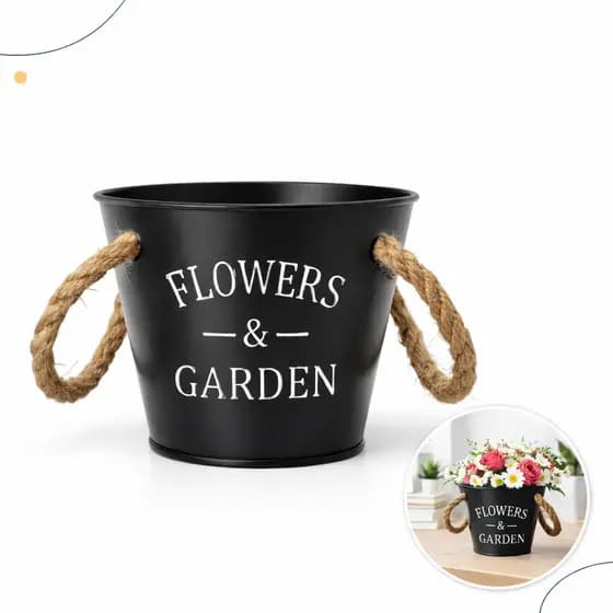 Balde Flowers Garden Preto Charme Retrô Decoração Criativa