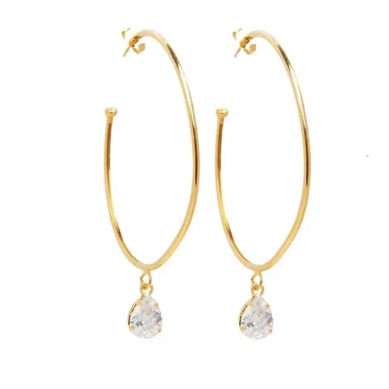 Brinco Argola com Pedra Gota Cristal Folheado A Ouro 18k