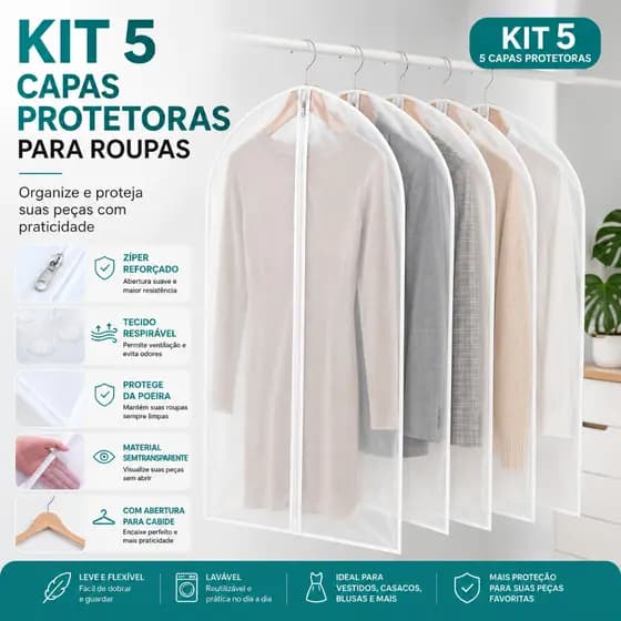Kit 5 Capa protetora roupas terno vestido anti poeira organizador Zíper resistente água Translúcido