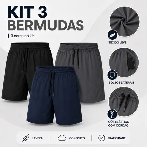 Kit 3 Bermudas Short Masculino de Tactel com Elastano Ideal Para Treino Secagem Rapida