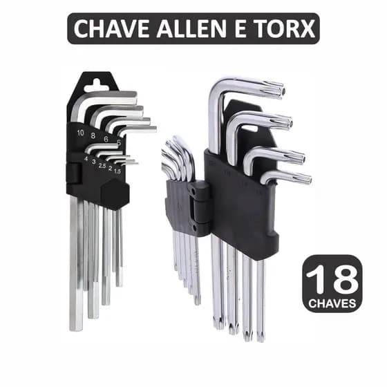 Kit Jogo de Chave Torx + Chave Allen Longa 18 Peças Aço Cromo Vanadium + Suporte Flexivel