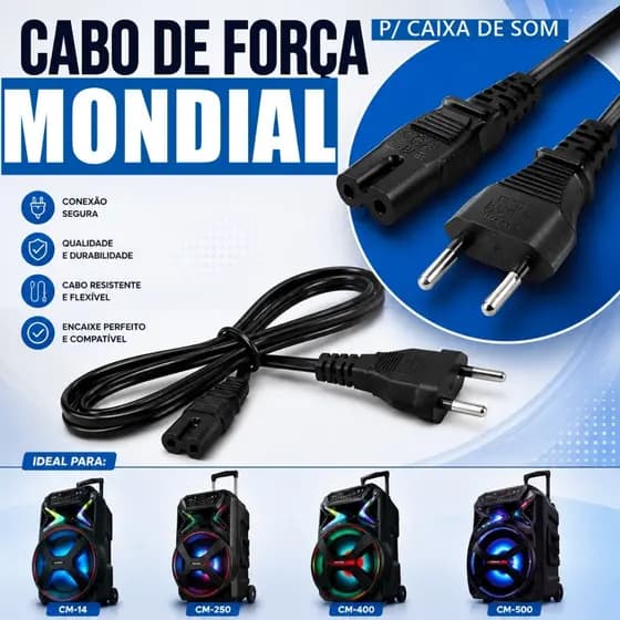 Cabo De Força P/ Caixa de Som Mondial Cm-14 Cm-250 Cm-400 Cm-500 Sk-06 Cm-700