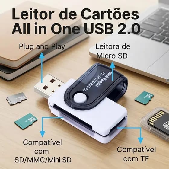 Leitor de Cartão de Memória USB 2.0 All in One – SD, Micro SD, TF, MMC