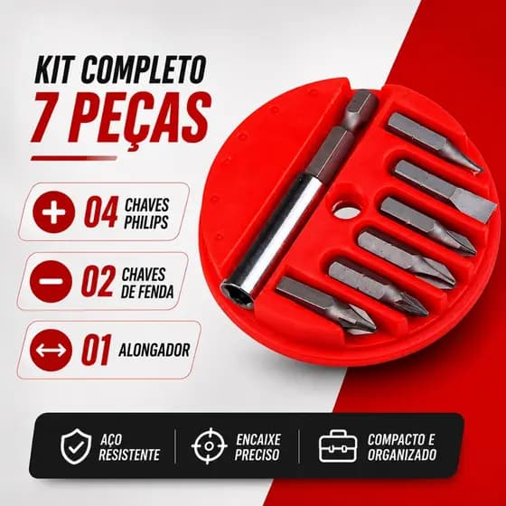 Jogo Bits Ponteira Para Parafusadeira Fenda Philips C/ Adaptador Magnético 7 Peças