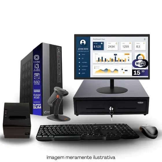 Kit PDV TOB i3 4ªG 4GB SSD 120GB Win11 Rede S/Fio Teclado Mouse Monitor 15" Gvt. Dinheiro Imp Térmica Leitor Cód Barras
