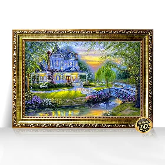 Quadro Decorativo A3 Casa Vitoriana com Ponte e Rio Moldura Trabalhada
