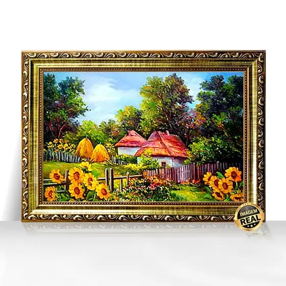 Quadro Decorativo A3 Verão Campestre Chalés Coloridos Moldura Trabalhada