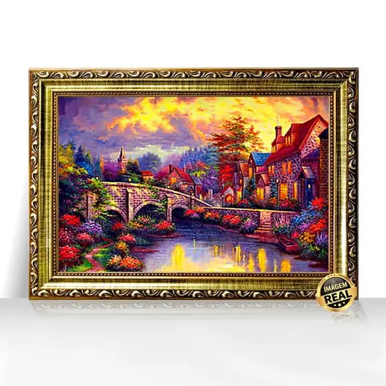 Quadro Decorativo A3 Lugar do Paraíso Chalés com Rio e Reflexo Moldura Trabalhada