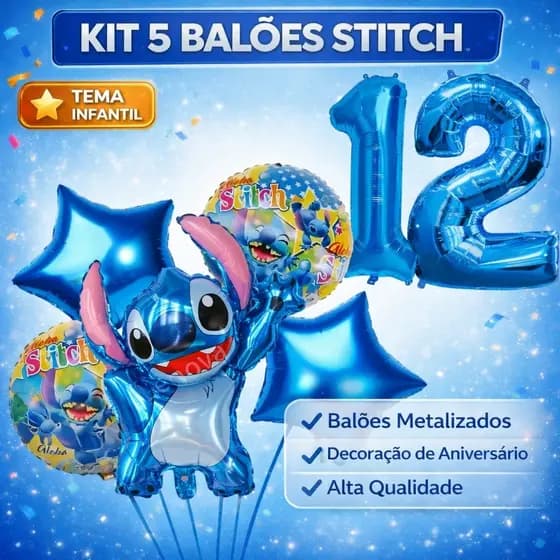 Kit 6 Peças Stitch Balões Metalizado Personagem com Número