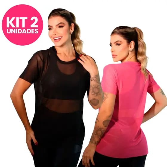 Kit 2 Blusas Femininas Fitness de Tule Transparente Academia Adulta Tecido Comfortável Leve