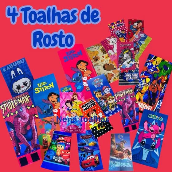 4 Toalhas de rosto infantil pequena Escolar personagens estampadas