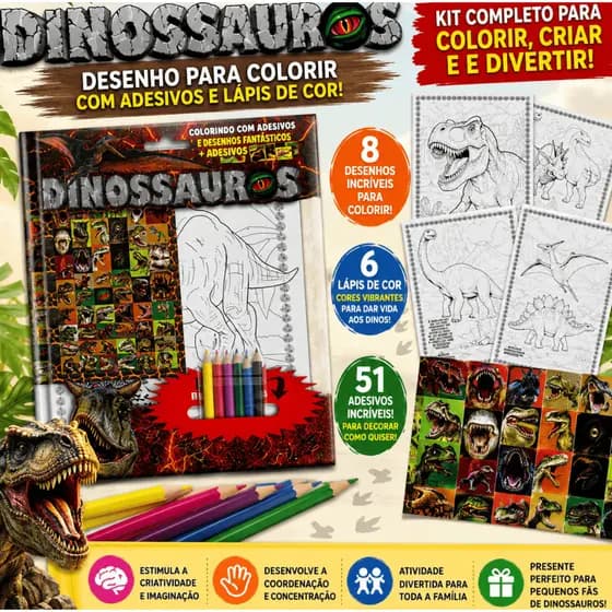 Desenhos Colorir Dinossauros com 6 Lápis de Cor e 51 Adesivos Infantil Desenho Pintura Educativo para Crianças