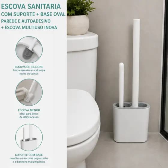 Kit Escova Sanitária de Silicone com Suporte Organizador e Escova de Limpeza 3 Peças para Banheiro