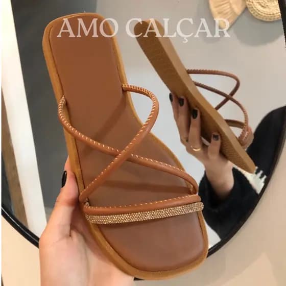 Sandália feminina Flat SLIDE Premium Leve Confortável Calce Fácil e tira de strass
