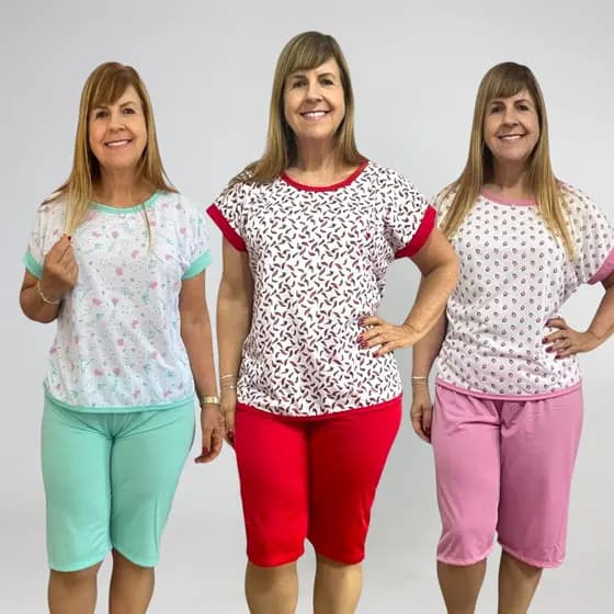 Kit com 3 Pijama Feminino Pescador Verão Malha Manga Japonesa Bermuda Calor Conjunto Estampado