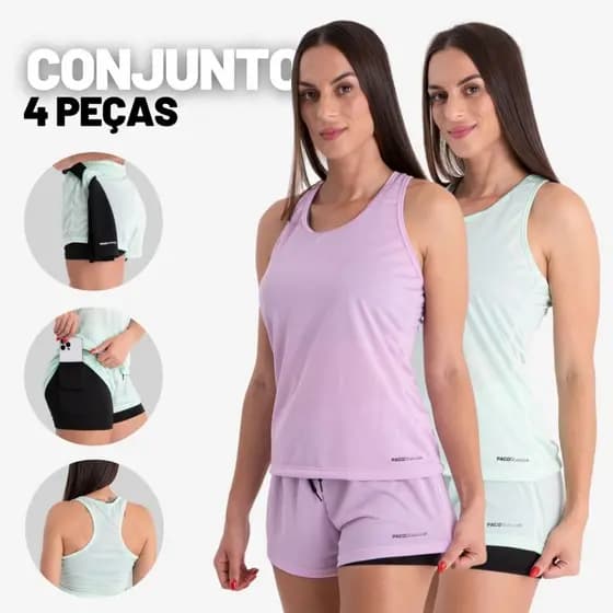 KIT2 Conjuntos Academia Feminino Short 2em1 com Bolso Oculto +Regata Nadador