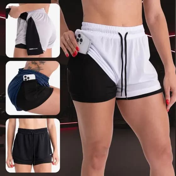 Short Legging Academia Feminino Dryfit 2em1 Bermuda Duplo Treino Caminhada Bolso Oculto ProteçãoUv