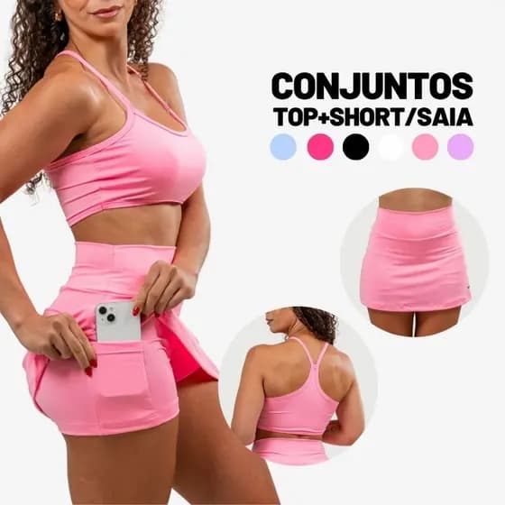 Conjunto Top Nadador + Short Saia Academia com Bolsos internos para celular/fone/chave dos 2 lados