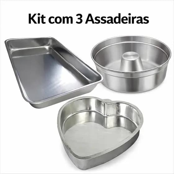 Kit 3 Formas Forma de Bolo Coração, Forma Retangular e Forma de Pudim **Para Bolos de Até 1kg** em Alumínio IF235