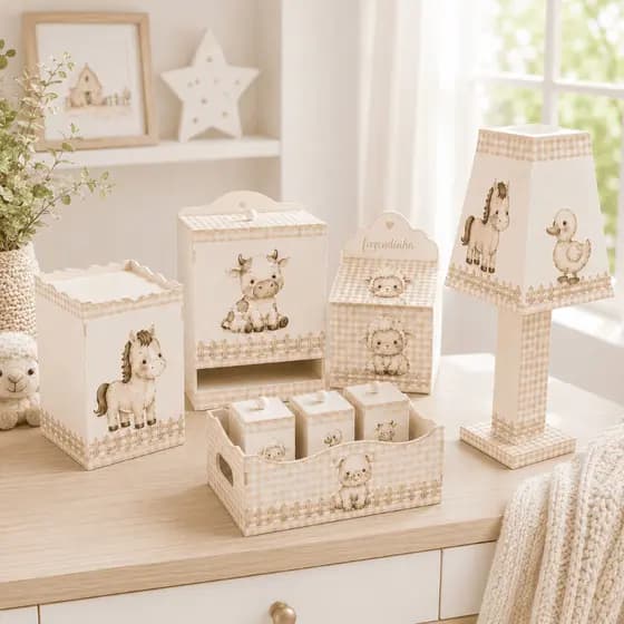 Kit Quarto Bebê Fazendinha Neutro Bege 8 Peças com Abajur MDF