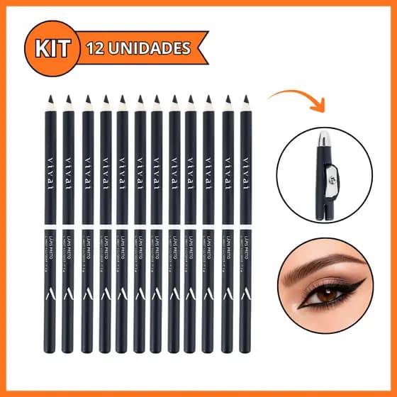 Kit 12 Lápis de Olho e Sobrancelha Preto Com Apontador à Prova D´água Vivai