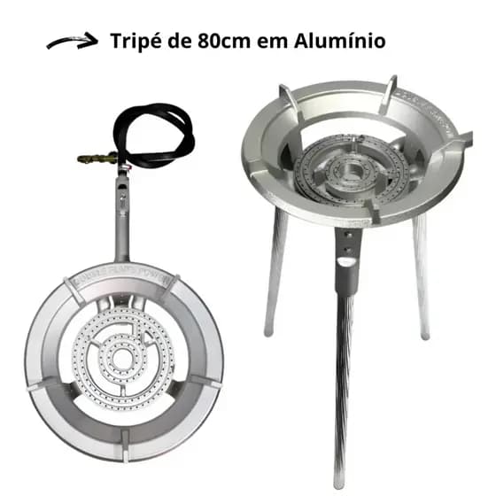 Fogareiro de Alumínio Tripé de 80cm Alta Pressão Chama Dupla