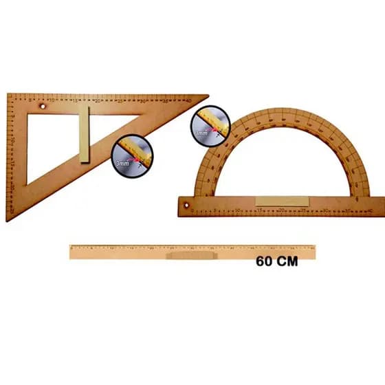 Kit Geométrico Do Professor Mdf Com Régua 60 Cm 1 Transferidor 180 Graus E 1 Esquadro 30º/60º Graus