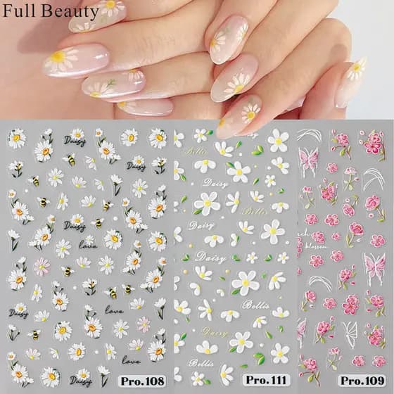 Decalques de Manicure Margarida Flores Microesculpidas Rosa Borboleta Girassol Adesivos para Unhas