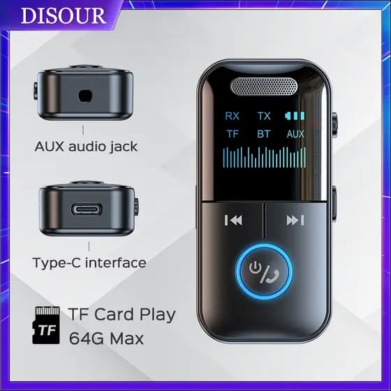 DISOUR Transmissor Receptor Bluetooth 5.4 AUX TF De 3.5mm Reprodução De Placa De Áudio HiFi Sem Fio Com Visor Digital LED Microfone Porta De Carregamento Tipo C Para TV PC Altifalante De Carro