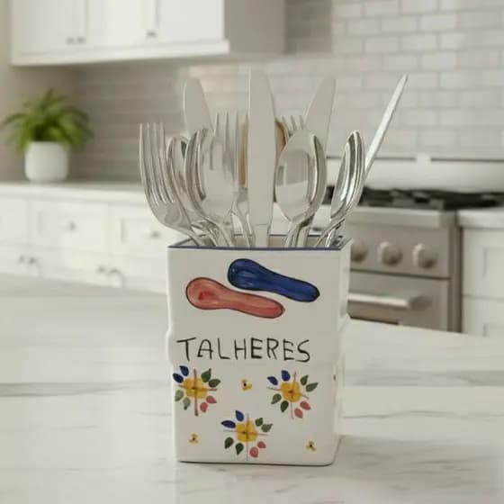 Porta Talher Decorado Em Cerâmica Esmaltada Organizador Cozinha Decoração