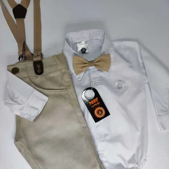 Conjunto body social manga longa calça e suspensório gravata - para batizado festa casamento pajem